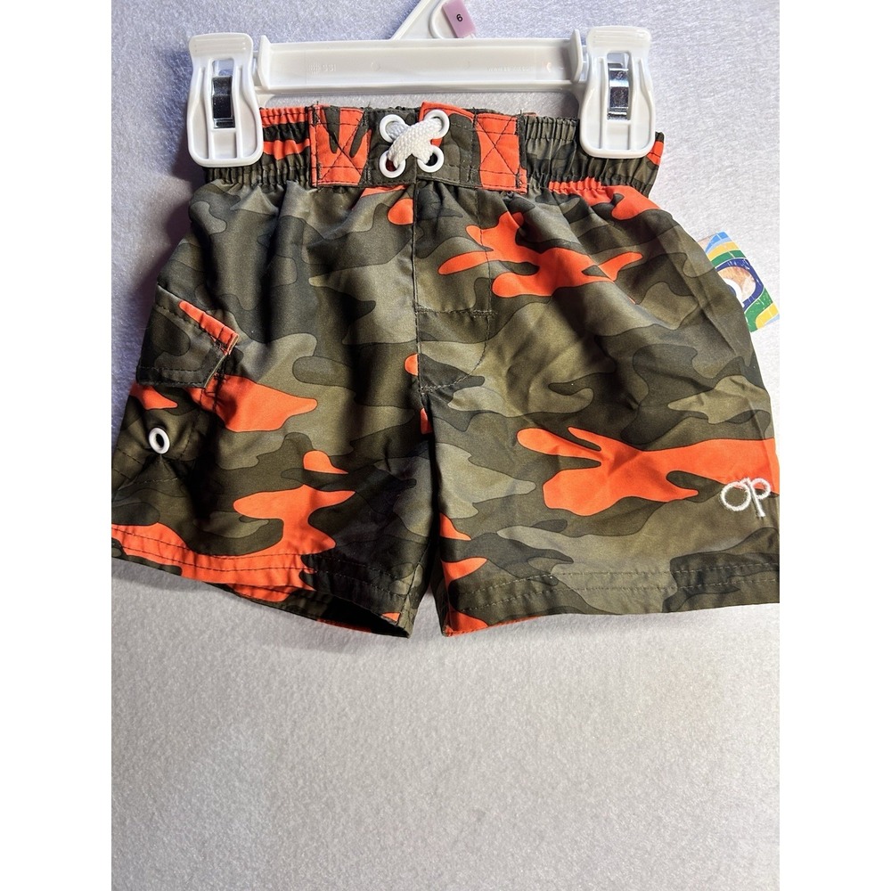 OP Boys 6-9M Camouflage Swim Trunks Drawstring Elastic Waist Green Orange